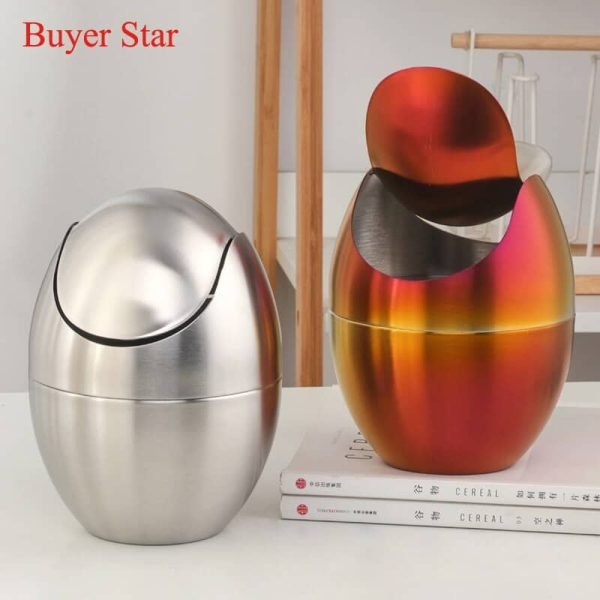 Gold Mini Metal Waste Bin Desktop Garbage Basket Egg-shaped stainless steel trash can with removable Swing lid Dustbin Basket - Image 5