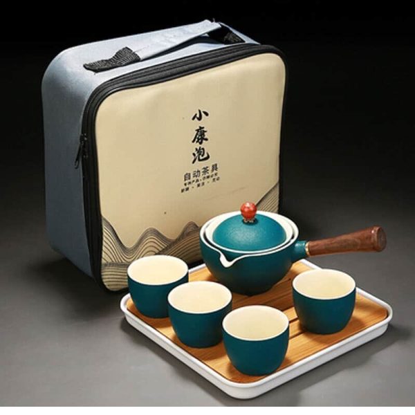 Ceramic Gongfu Kung Fu Tea Set Cup Filter Teapot With Wooden Handle Side-handle Automatic Spinning Pot Travel Outdoor Teaware - Image 3