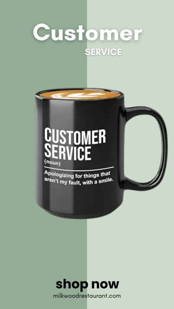 Customer service coffee mug 15oz black - with a smile - call center phone number contact support department employee representative