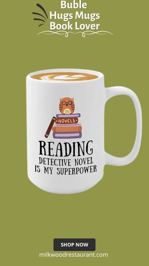 Book lover coffee mug 15oz white -reading detective novel is my superpower - reading owl reader stack of books book lover bookish novelist librarian bookworm