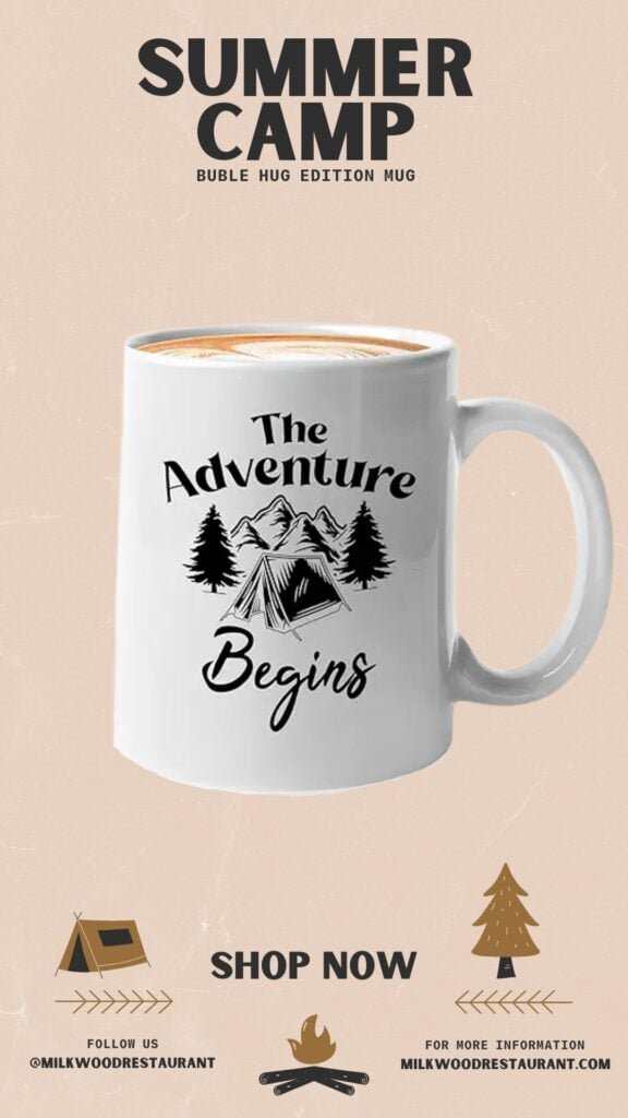 Bubble Hugs Adventurer Coffee Mug 11oz White - The Adventure Begins - Camping Lover Mountain Hiker Forest Outdoor Activity Tent Journey Traveler