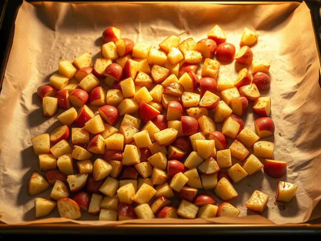 Chicken apple sausage with egg roasted potatoes and an apple