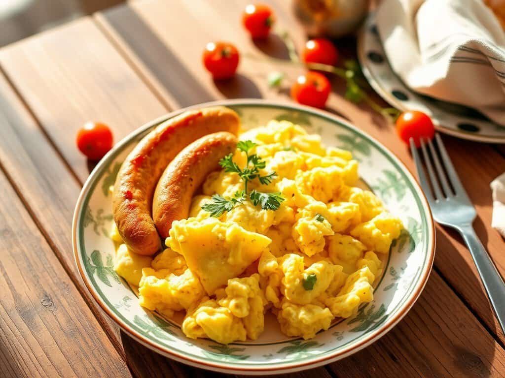 Chicken sausage with scrambled eggs makes for a fantastic breakfast choice that many enjoy.