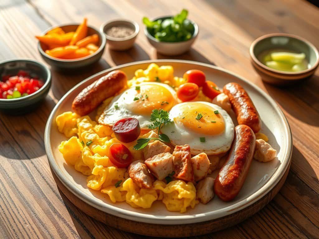 A chicken, sausage and egg breakfast makes for a hearty