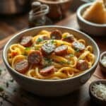 Chicken sausage and egg noodles