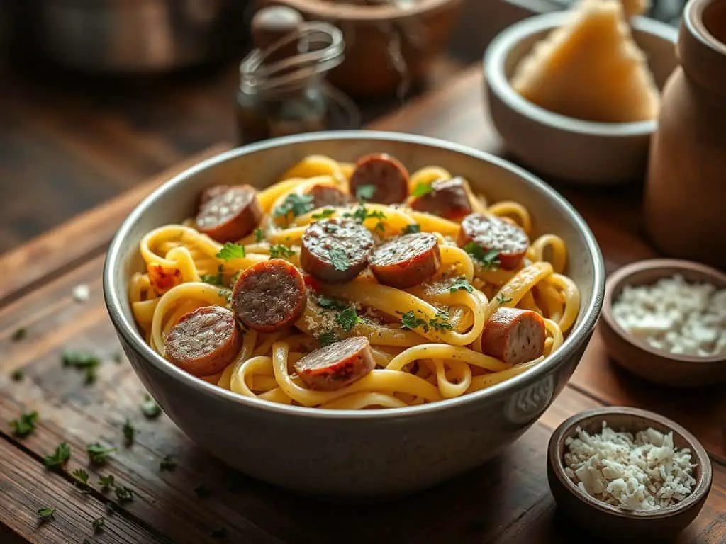 Chicken sausage and egg noodles
