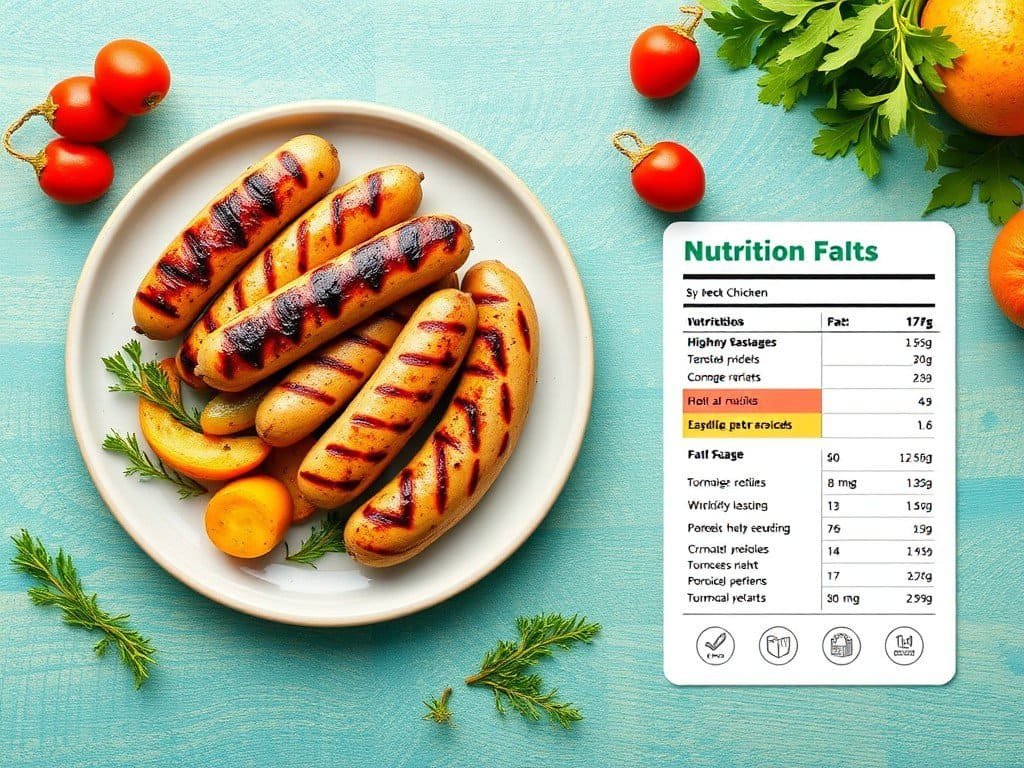 A colorful flat-lay of a Heck chicken sausage meal: grilled sausages on a plate with roasted vegetables and a nutrition chart showing high protein and low-fat content beside the dish.