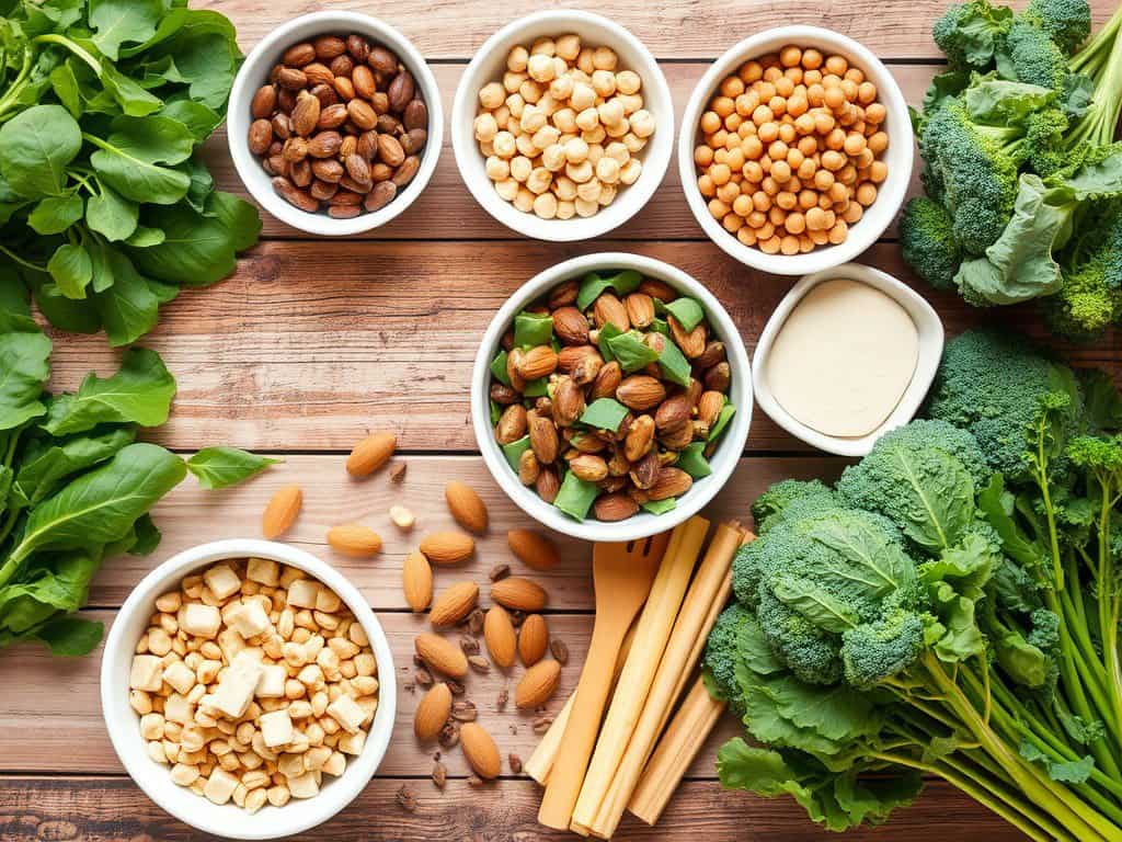 An assortment of colorful plant-based foods including spinach, kale, beans, lentils, chickpeas, almonds, tofu, and fortified cereal on a rustic wooden table, emphasizing nutritious plant-based options