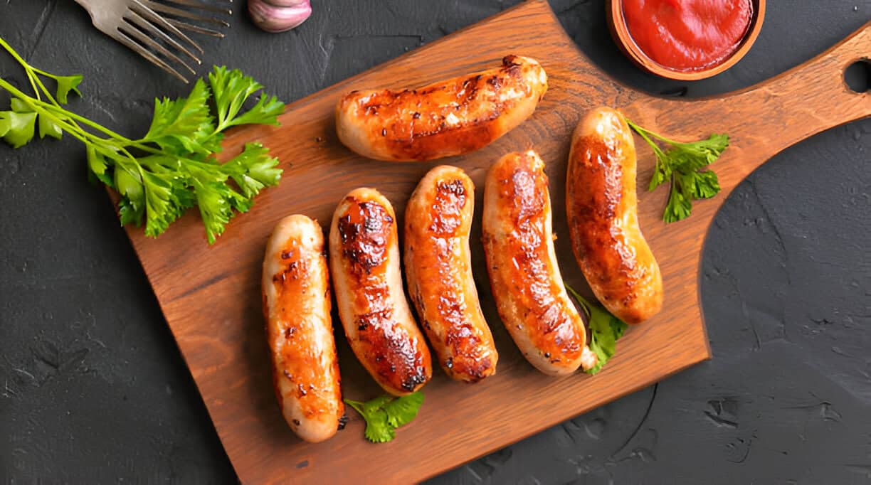 Flavorful grilled meat selection - A display of multiple grilled sausages and other meat products, presented on a wooden board with complementary garnishes and dipping sauce.