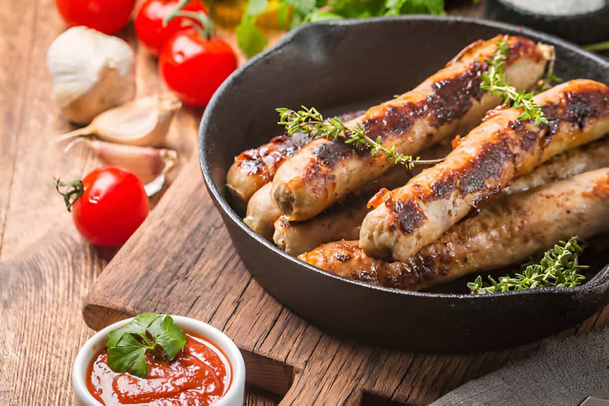 Savory sausage dish with vegetable accompaniments - An arrangement of grilled sausages presented in a skillet, surrounded by various fresh vegetables and herbs.