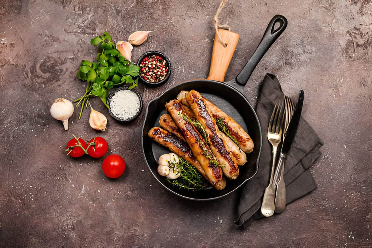 Savory sausage meal with side elements - A platter containing grilled sausages, garnished with herbs and surrounded by complementary ingredients such as tomatoes, garlic, and spices.