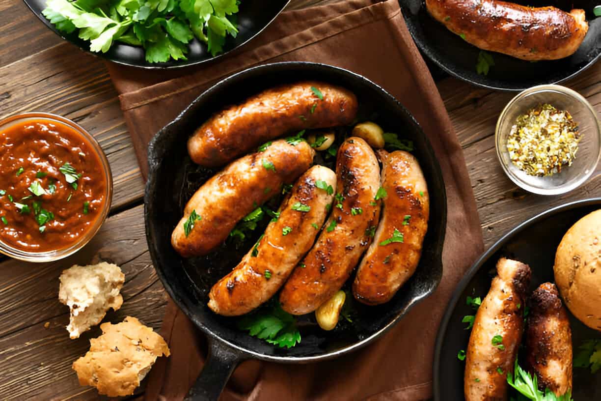 Savory sausage dish with dipping sauce - An arrangement of grilled sausages presented in a skillet, served with a side of red dipping sauce and various garnishes and seasonings.