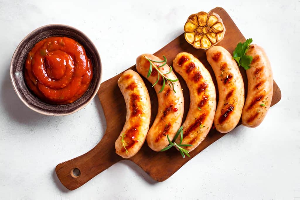 Grilled sausages with red sauce and roasted garlic