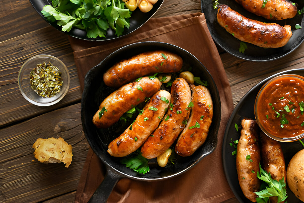 Grilled sausages in cast iron pan with sides