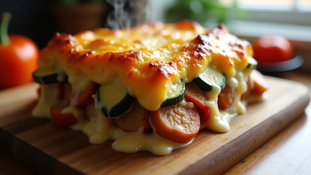 Close-up of a savory open-faced sandwich with roasted peppers, zucchini, and a golden cheese topping.