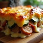Close-up of a savory open-faced sandwich with roasted peppers, zucchini, and a golden cheese topping.