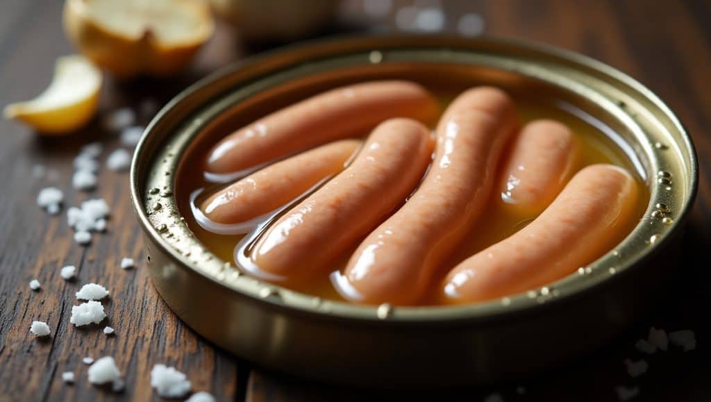 Close-up of plump, glistening sausages nestled in a circular metal dish, with a few salt crystals scattered nearby.