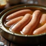 Close-up of plump, glistening sausages nestled in a circular metal dish, with a few salt crystals scattered nearby.