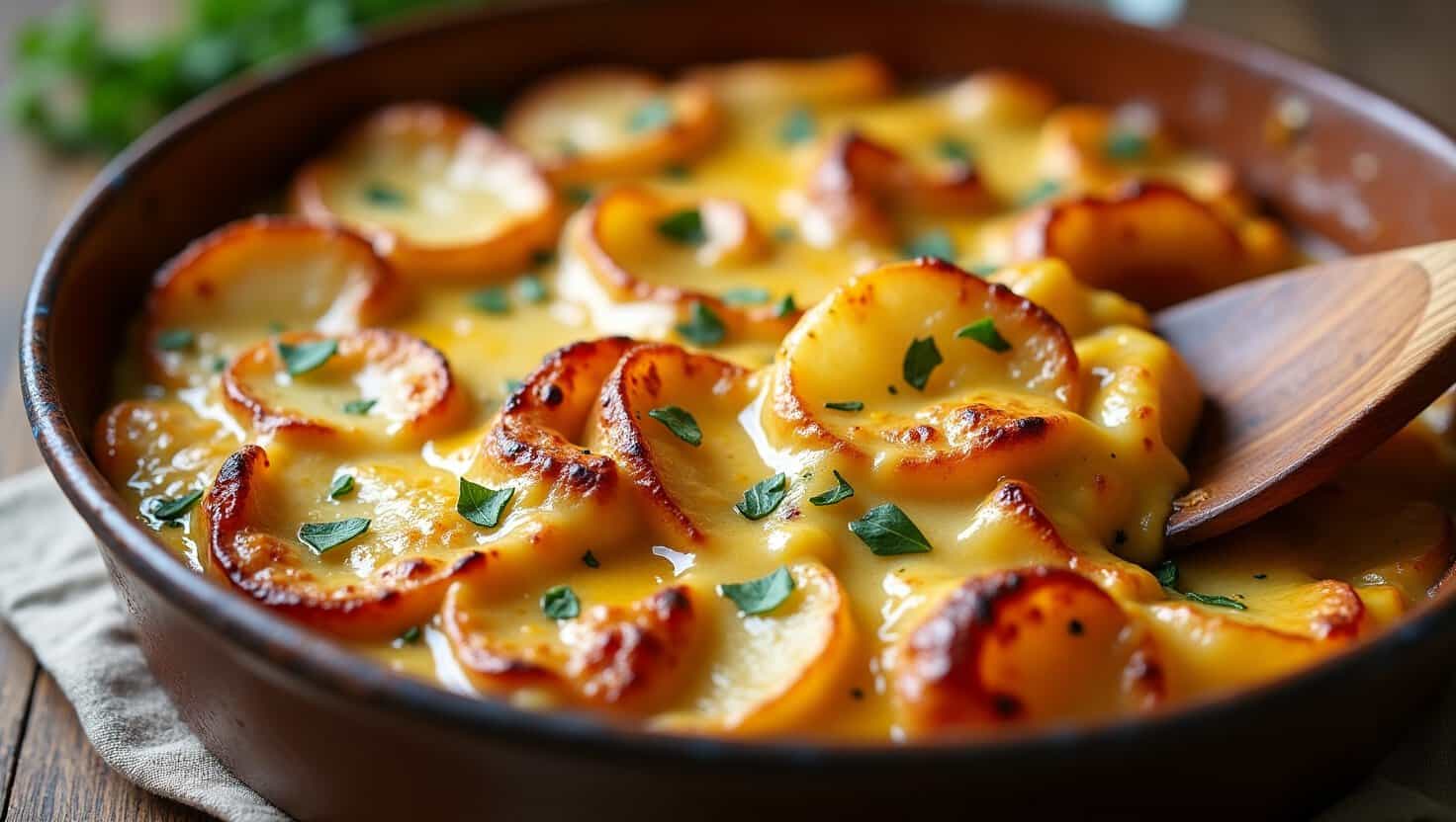 A hearty baked dish featuring golden-brown potato slices smothered in a creamy cheese sauce.