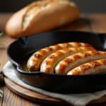 Grilled sausages sizzling in a cast-iron skillet, surrounded by bread, rosemary, and seasonings on a wooden table.