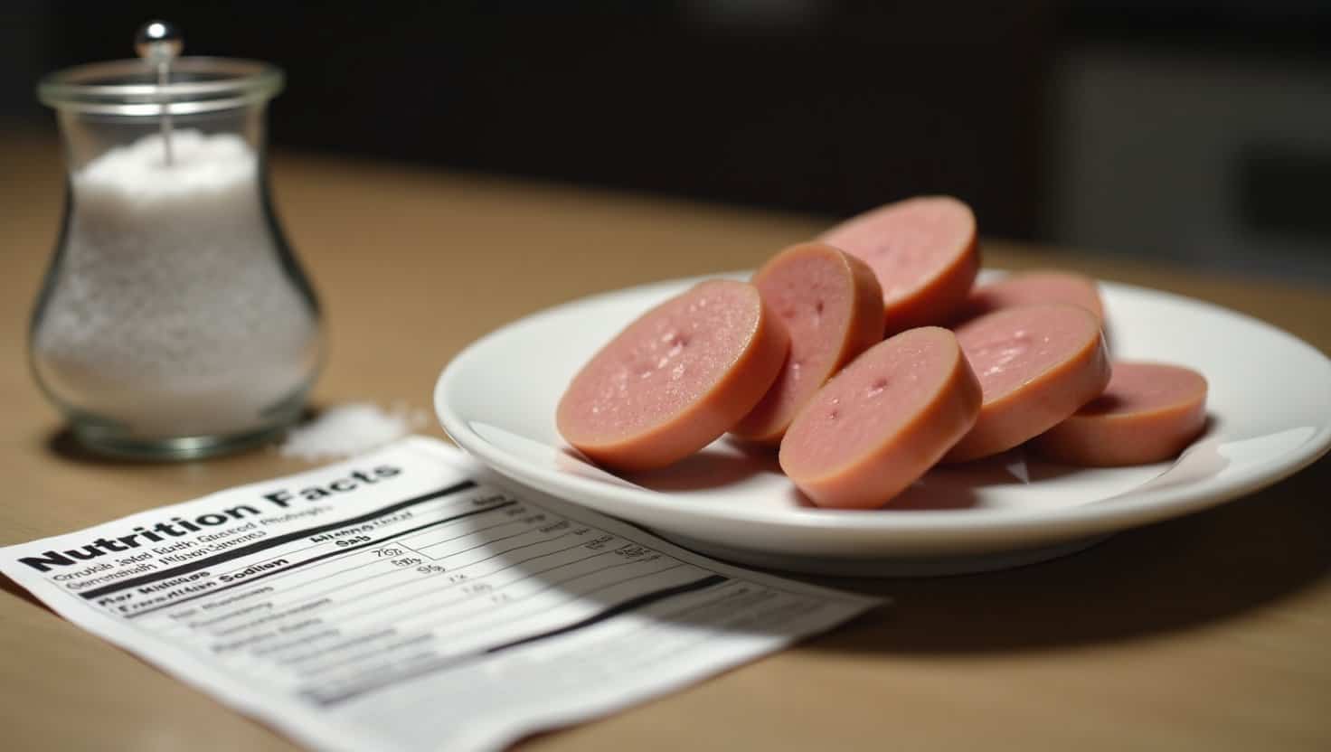 Various processed meat items arranged on a plate, with a transparent container of salt and a paper document containing nutritional details visible in the background.