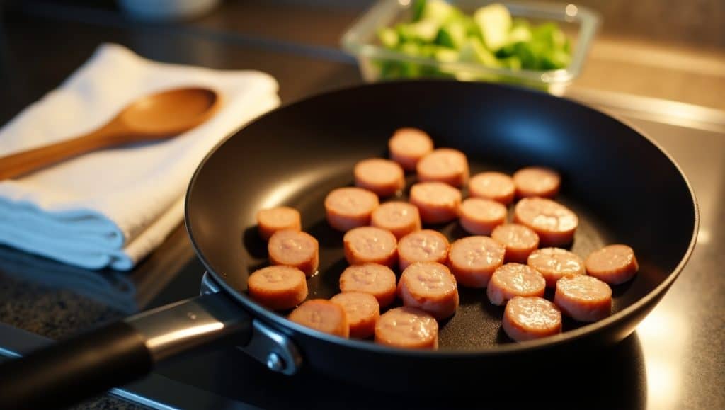 A black frying pan holding an assortment of cooked sausage or hot dog slices, with a salad visible in the background.