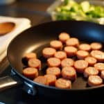 A black frying pan holding an assortment of cooked sausage or hot dog slices, with a salad visible in the background.