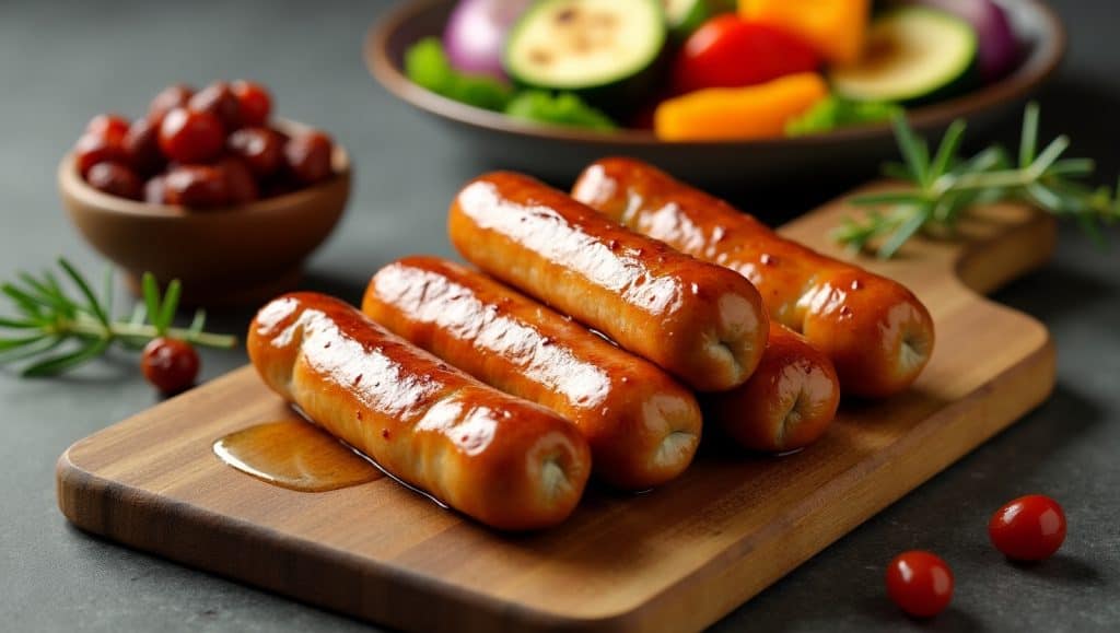 Savory, charred sausages displayed on a wooden surface, complemented by a selection of vibrant, healthy side dishes.