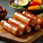 Savory, charred sausages displayed on a wooden surface, complemented by a selection of vibrant, healthy side dishes.