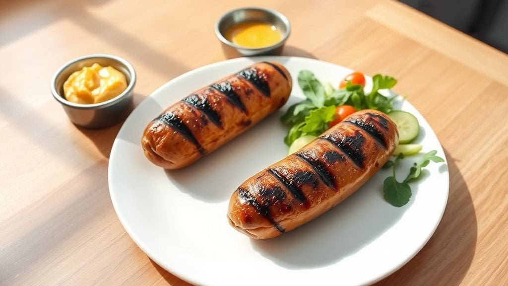 Two juicy and charbroiled sausages served on a wooden table, garnished with fresh herbs and vegetables.