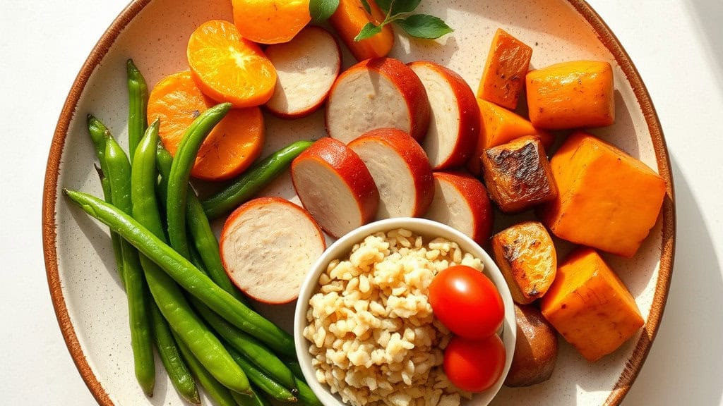 A colorful plate of roasted vegetables, including orange slices, radish slices, green beans, and cubes of roasted sweet potato, accompanied by a small bowl of cooked grains.