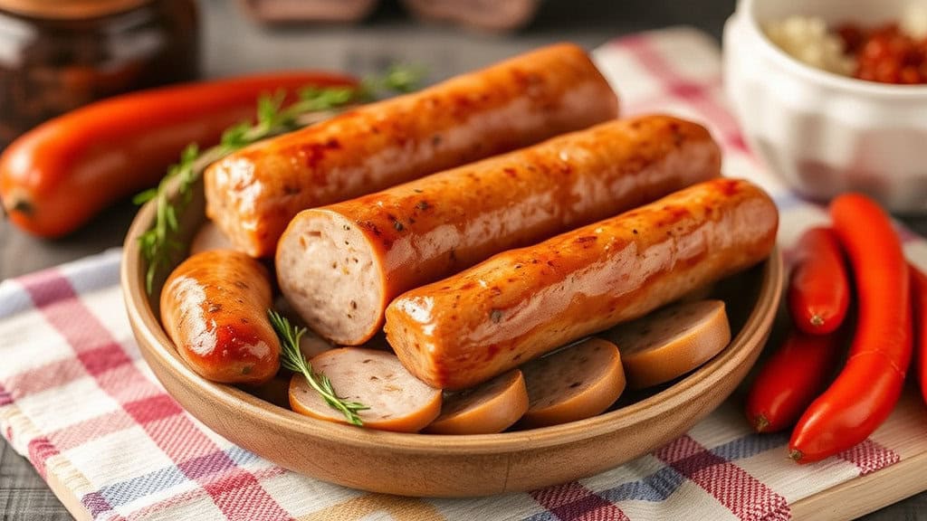 Juicy, spiced sausages arranged on a platter, showcasing a mouthwatering display of protein and complementary ingredients.