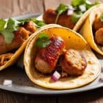 A platter of savory taco dishes, featuring grilled sausage patties, warm tortillas, and vibrant vegetable toppings.