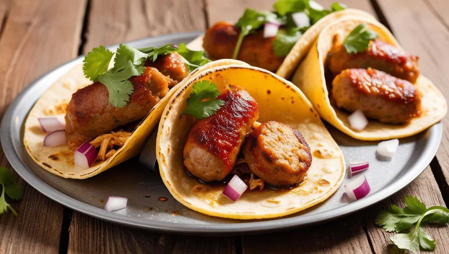 A platter of savory taco dishes, featuring grilled sausage patties, warm tortillas, and vibrant vegetable toppings.