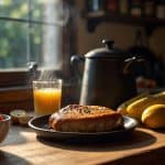 A cozy breakfast scene with a steaming teapot, a plate of pancakes, fresh fruit, and a glass of orange juice on a wooden table in front of a window.