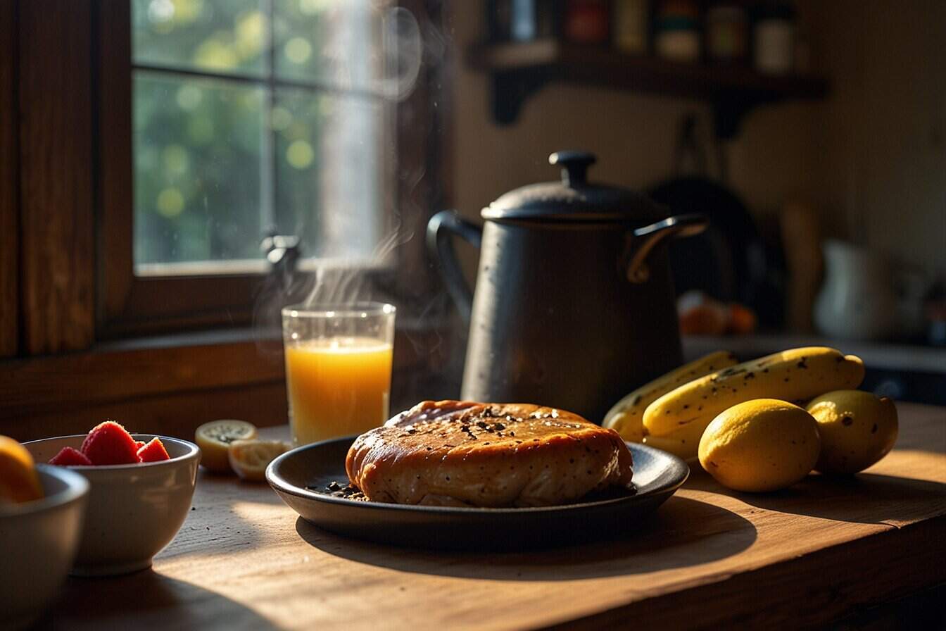  A cozy breakfast scene with a steaming teapot, a plate of pancakes, fresh fruit, and a glass of orange juice on a wooden table in front of a window. 
