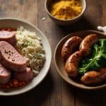 Plate of hearty, home-cooked meals with sausages, rice, and vegetables.