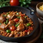Flavorful and Filling Skillet Dinner: A delicious homemade meal showcasing sausage, fresh produce, and expertly prepared rice in a single pan.
