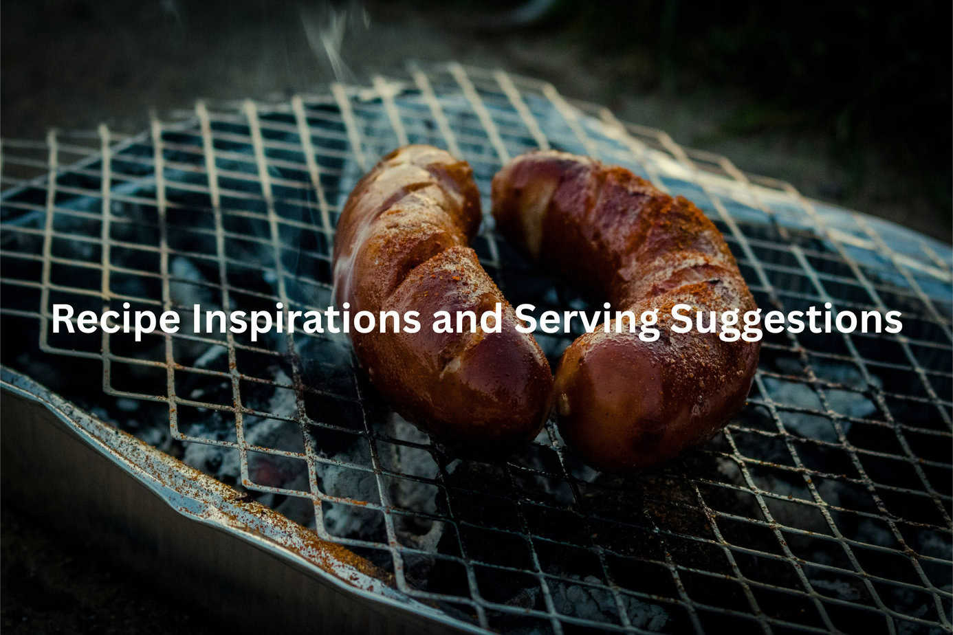 Pair of grilled sausages with a crispy, charred exterior resting on a metal grill grate, surrounded by a wisp of smoke.
