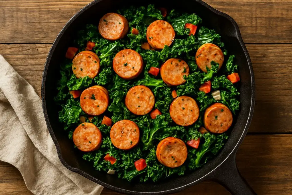 Top-view of a healthy chicken sausage and kale skillet dinner in a rustic cast iron pan on a wooden table, perfect for nutritious and easy low-fat meals.