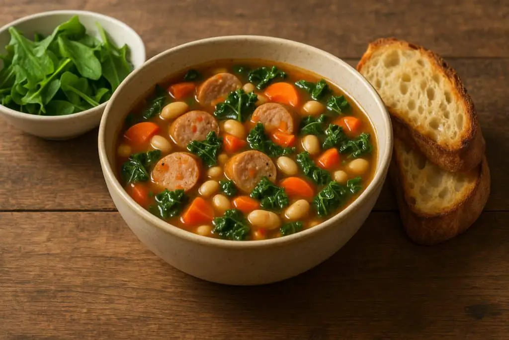 A bowl of the best chicken sausage soup served with crusty bread and a fresh green salad on a rustic wooden table, perfect for a cozy, healthy meal.