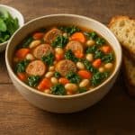 A bowl of the best chicken sausage soup served with crusty bread and a fresh green salad on a rustic wooden table, perfect for a cozy, healthy meal.