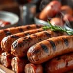 A close-up of a variety of grilled meat sausages arranged on a wooden cutting board, garnished with fresh rosemary.