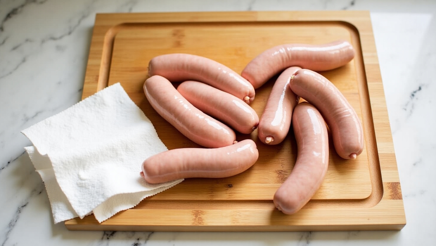 Savory selection of sausages ready for preparation, displayed on a wooden board on a marble surface.