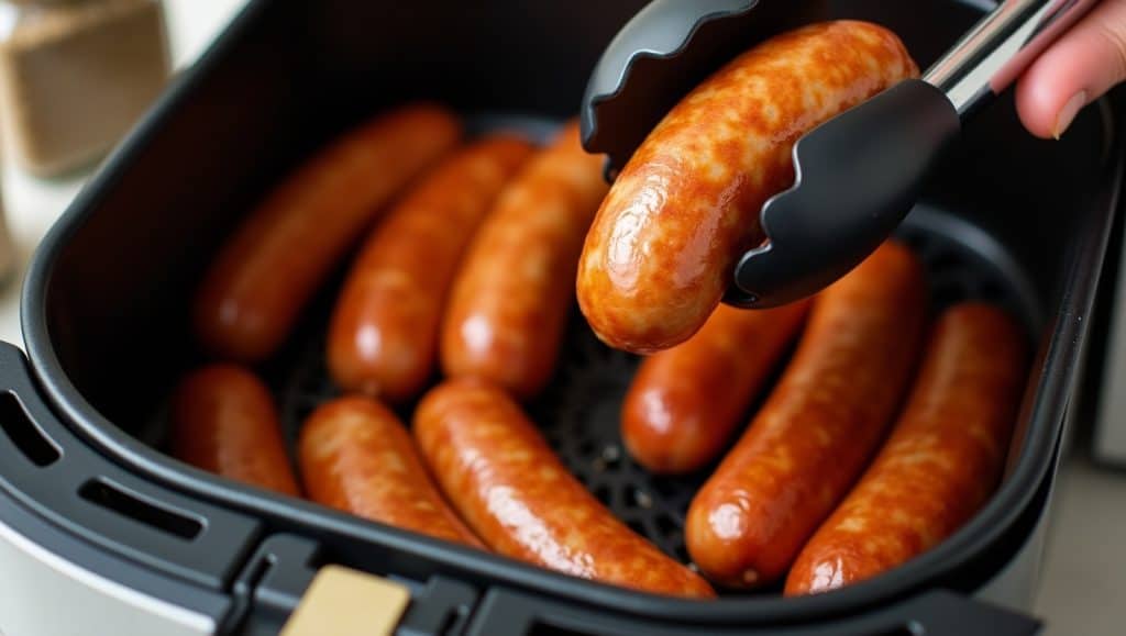 A close-up view of several savory sausages arranged in an air fryer, ready to be cooked to perfection.