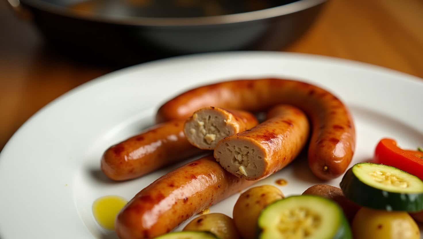 A plate featuring several golden-brown sausages, some cut in half to expose the filling, surrounded by colorful roasted vegetables like zucchini and bell peppers.