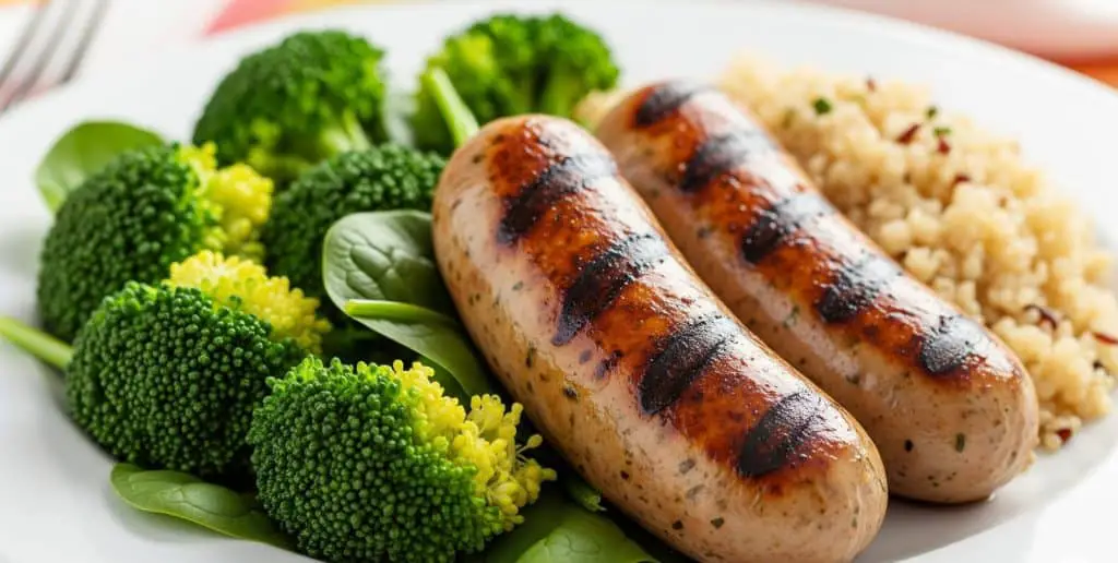 A healthy chicken sausage for diabetics meal featuring grilled chicken sausage, fresh spinach, steamed broccoli, and quinoa, rich in protein, fiber, and diabetes-friendly ingredients.