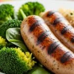 A healthy chicken sausage for diabetics meal featuring grilled chicken sausage, fresh spinach, steamed broccoli, and quinoa, rich in protein, fiber, and diabetes-friendly ingredients.