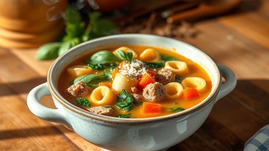 Cook The Restaurant's Food at Home 34 A warm bowl of chicken sausage tortellini soup on a wooden table, with steam rising.