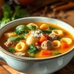 A warm bowl of chicken sausage tortellini soup on a wooden table, with steam rising.